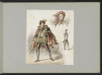 Homme en costume historique, une femme avec un foulard et un soldat