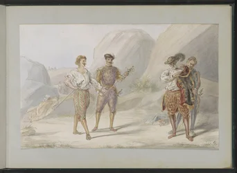 Quatre hommes avec des épées dans un paysage rocheux