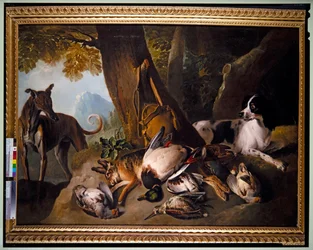 Chiens et gibier dans un paysage