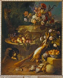 Gibier mort, fruits, fleurs et un chien - Dead game, fruits, flowers and a dog ...