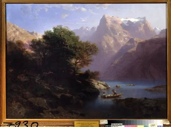«Paysage de montagne avec lac en Suisse» (lac de montagne). Peinture d’Alexandre Calame (1810-1864), 1860, Galerie d’art régionale, Tambov, Russie