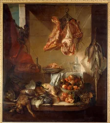Intérieur de cuisine avec nature morte de gibier, de fruits et de viande. Peinture de François Desportes (1661-1743), XVIIIe siècle. Châlons-sur-Marne, musée des Beaux-Arts