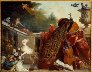 Animaux, fleurs et fruits. Un chien, un singe jouant du violon, un paon, un perroquet, un oiseau de paradis, des instruments à cordes. 1717. Soleil. 1,24 x 2,31 m. Grenoble, Musée des Beaux-Arts