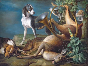 Nature morte avec gibier mort et chiens de chasse, 1730
