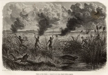 La tribu bongo chasse le rat des roseaux, gravure d