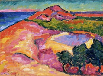 Scène côtière avec colline rouge