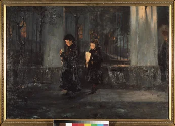 Le jeudi saint. Deux petites filles, tenant des cierges, le soir, se dirigeant vers l