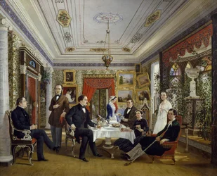 La famille Tarnovskj buvant du thé à table