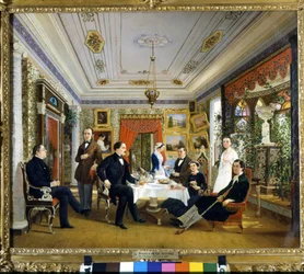 La table de thé. Peinture de Voloskov Aleksej Jakovlevic (1822 - 1882)