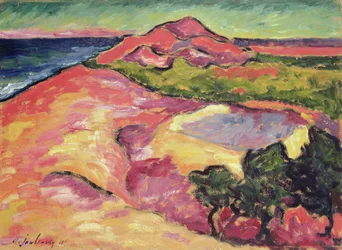 Scène côtière avec colline rouge