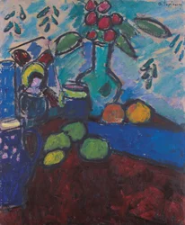 Nature morte avec peinture sur verre inversée, vase vert et fruits