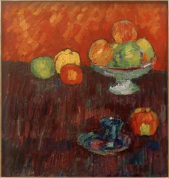 Nature morte avec pommes et tasse bleue