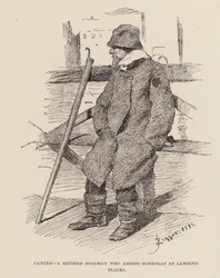 Ganzer, un batelier retraité qui aide les gondoles aux débarcadères (gravure)