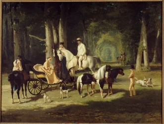 M. et Mme A. Mosselman et leurs deux filles se promenant à cheval dans les bois