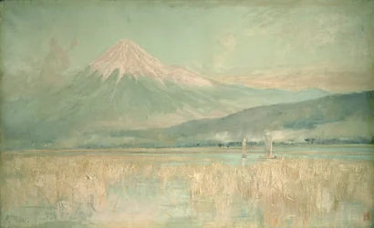 Aube sur la montagne sacrée, le soleil du Fuji à demi caché dans les nuages, 1889