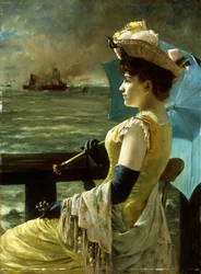 Une dame avec un parasol regardant la mer
