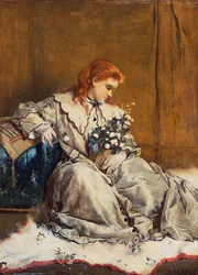 Rêverie, jeune fille rousse avec ottomane bleue