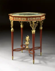 Un guéridon de style Louis XVI (bronze doré, acajou et gouache)