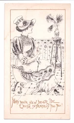 Carte de Nouvel An victorienne montrant un esthète admirant un vase de plumes de paon, vers 1881
