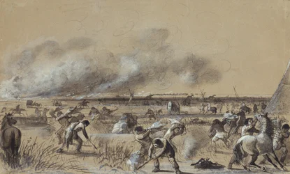 Feu sur la prairie, incendie du camp, vers 1837