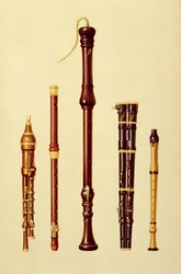 Un flageolet double, une flûte allemande, une flûte à bec basse, un flageolet double et une flûte à bec, tiré de «Instruments de musique»