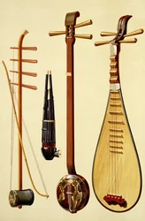 Un huqin et son archet, un sheng, un sanxian et une pipa, instruments chinois tirés de « Instruments de musique »