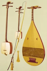 Un shamisen, un kokyū et un biwa, japonais, tirés de « Instruments de musique »