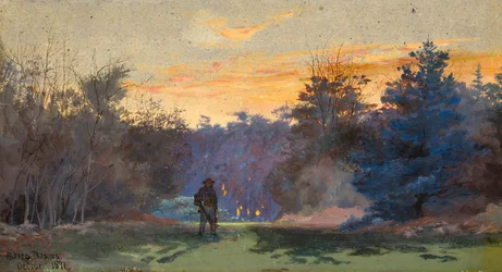 Chasseur dans un paysage au coucher du soleil