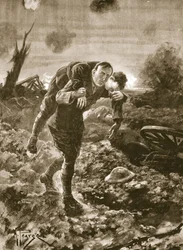 Lieutenant temporaire G. St. G. S. Cather ramenant un homme blessé en pleine vue de l