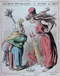Caricature sur les deux Républiques, « République Honnête (1830) et République rouge (1793) » par Alfred Le Petitty dans « Le Grelot » 1872