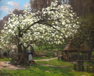 Printemps, paysanne sous les arbres en fleurs, vers 1865
