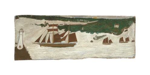 Goélette passant devant un phare, vers 1855-1942 (huile sur carton)