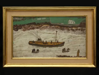 Trois bateaux entre le phare et le rivage, vers 1930
