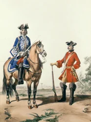 Prévôt maréchal de la gendarmerie et un membre de la police militaire en 1724, gravé par D. Noirmont