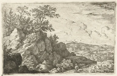 Paysage montagneux avec un homme et un chien