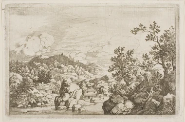 Rivière entre rochers et cabanes en bois