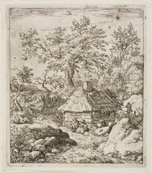 Cabane au toit de chaume parmi les arbres et les rochers
