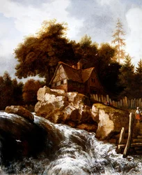 Paysage nordique rocheux avec paysans sur un chemin