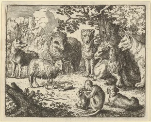 Le singe ouvre le paquet et enlève la tête du lapin à la grande surprise de..., 1650-75