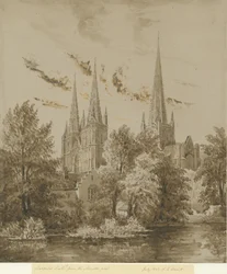 Cathédrale de Lichfield - Vue Sud-Ouest: dessin sépia, Jul 1842