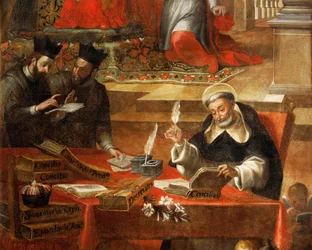 Deux jésuites parlant pendant que Saint Raymond écrit le Conseil (détail)