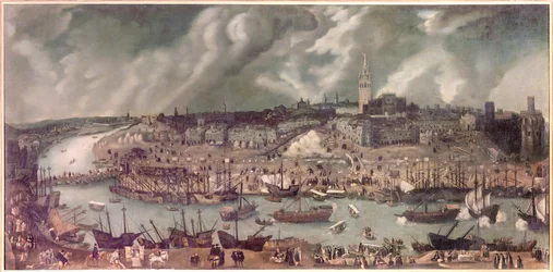 Vue de la ville de Séville (Espagne). Peinture attribuée à Alonso Sánchez Coello (Sánchez Coello) (vers 1531-1588). Fin du XVIe siècle
