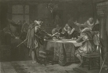 Henry Hudson recevant sa commission de la Compagnie néerlandaise des Indes orientales, 1609