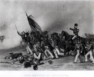 La Bataille de Chippewa, le général Scott ordonnant la charge du bataillon de McNeil, 5 juillet 1814, gravée par Johnson, Fry und Co. (gravure) (photo nb)