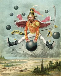 Le baron de Münchhausen chevauchant un boulet de canon pendant le combat contre Tippoo, extrait des «Aventures du baron de Münchhausen» de Rudolf Erich Raspe (1736-94), publié vers 1886