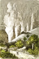 Préhistoire - Cataractes du Zambèze : Création naturelle et êtres vivants. Dessin par A. Demarle. 1885