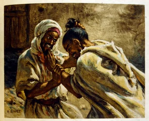 Illustration de Dinet tirée de "Mirages" Scènes de la vie arabe. 1906. Mirages, Scènes de la vie arabe a été illustré par Etienne Dinet et commenté par Silman Ben Ibrahim Bamer. Nasreddine Dinet est né sous le nom d