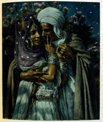 Illustration de Dinet tirée de "Mirages" Scènes de la vie arabe. 1906. Mirages, Scènes de la vie arabe a été illustré par Etienne Dinet et commenté par Silman Ben Ibrahim Bamer. Nasreddine Dinet est né sous le nom d