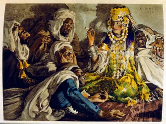 Illustration de Dinet tirée de "Mirages" Scènes de la vie arabe. 1906. Mirages, Scènes de la vie arabe a été illustré par Etienne Dinet et commenté par Silman Ben Ibrahim Bamer. Nasreddine Dinet est né sous le nom d