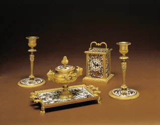 Ensemble de bureau en quatre pièces Napoléon III, marqueterie par Duvinage et Harinckouk, c.1877